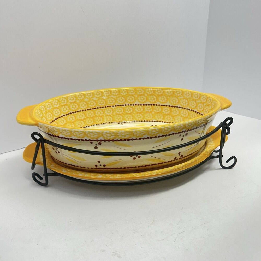 Temp-tations Old World Yellow 2.5 QT Oval Casserole Set Baker Platter Wire Rack